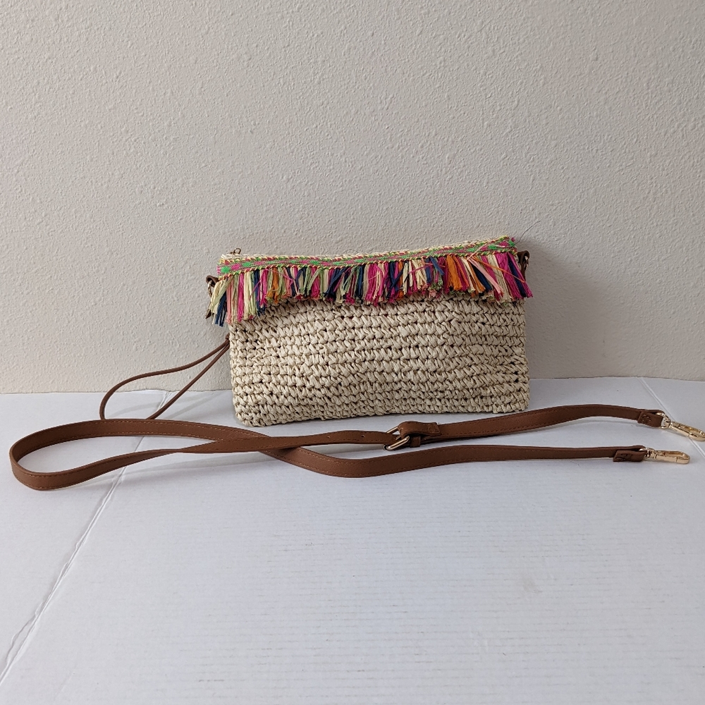 I.N.C Raffia Straw Colorful Fringe Trim Wristlet Clutch Crossbody Bag Resort - Picture 3 of 10